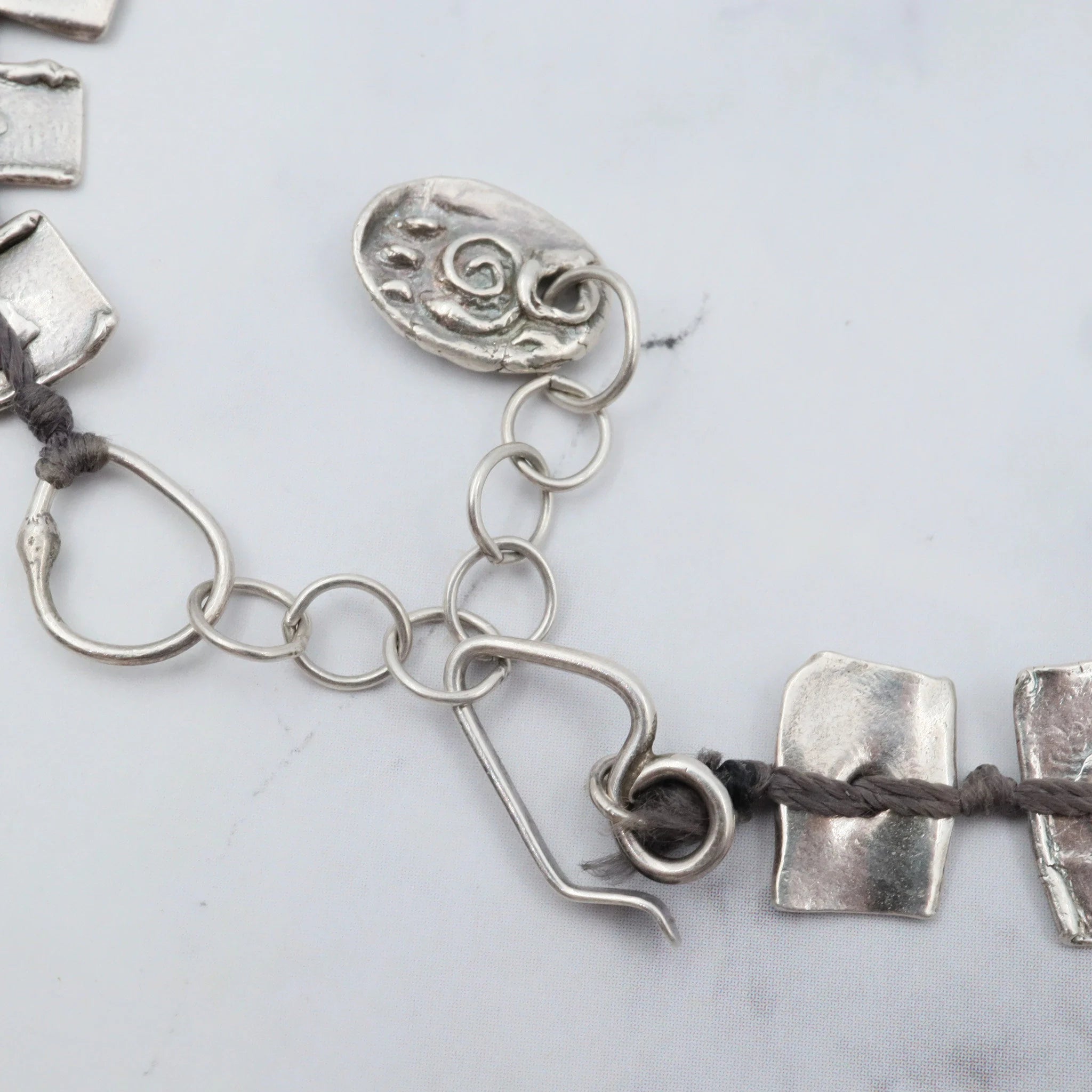 Vintage handmade KVK .999 fine silver on black thread panel bead necklace & bracelet set